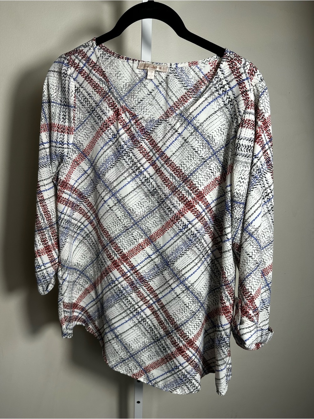 H41. Skies Are Blue Women’s Plaid Long-Sleeve Blouse - Cream with Red & Blue